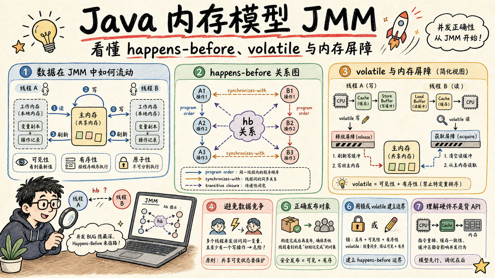 封面感插图：Java 内存模型深度解析：从 happens-before 到安全发布