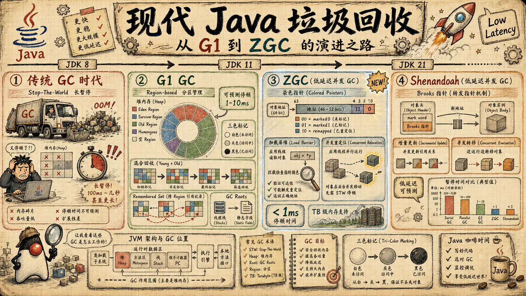 封面感插图：现代 Java 垃圾回收：生产判断、证据采集与调优路径